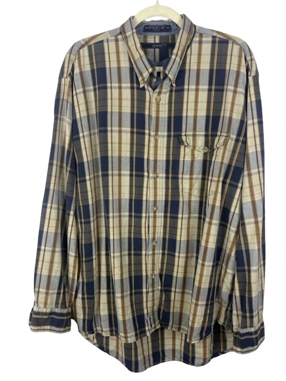 GANT Men XL Plaid Button Down Shirt Long Sleeve Cotton Pocket Preppy Navy Yellow